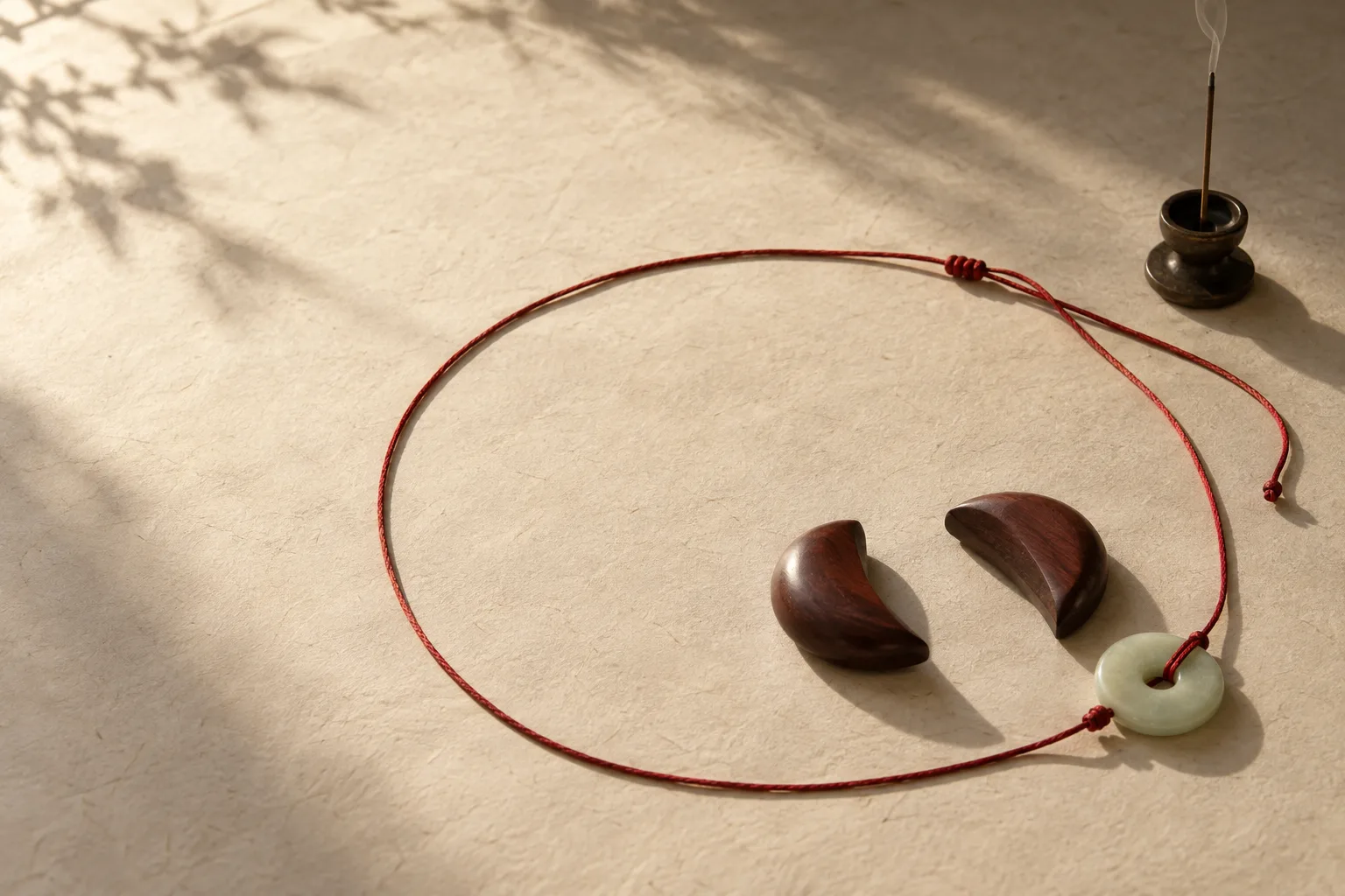 A vermilion thread encircles wooden moon blocks and a jade disc on textured paper, beside an incense holder.